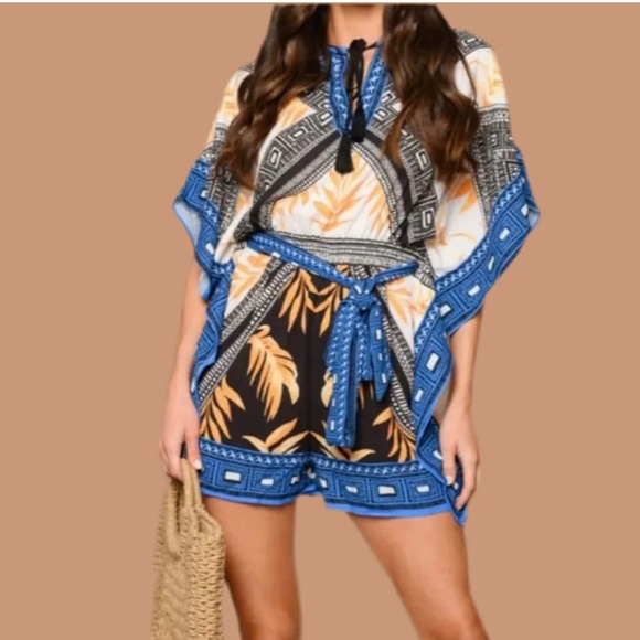 Jealous Tomato Pants - Jealous Tomato Black & Blue Tropical Leaf Romper Short Set